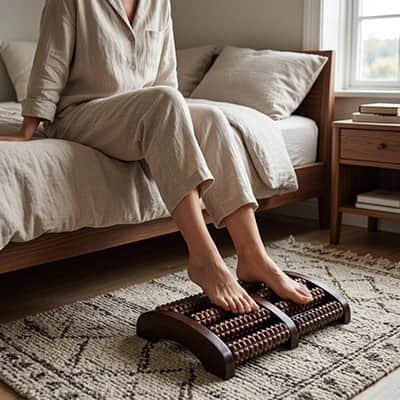 rouleau massage pied bois foncé